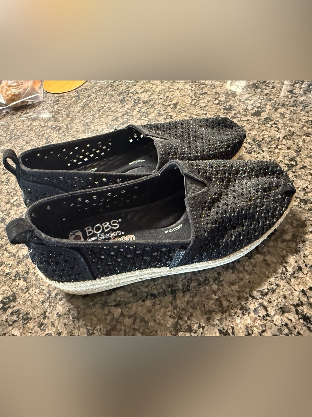 Skechers BOBS Black Slip-On Espadrille Loafers with Sparkle